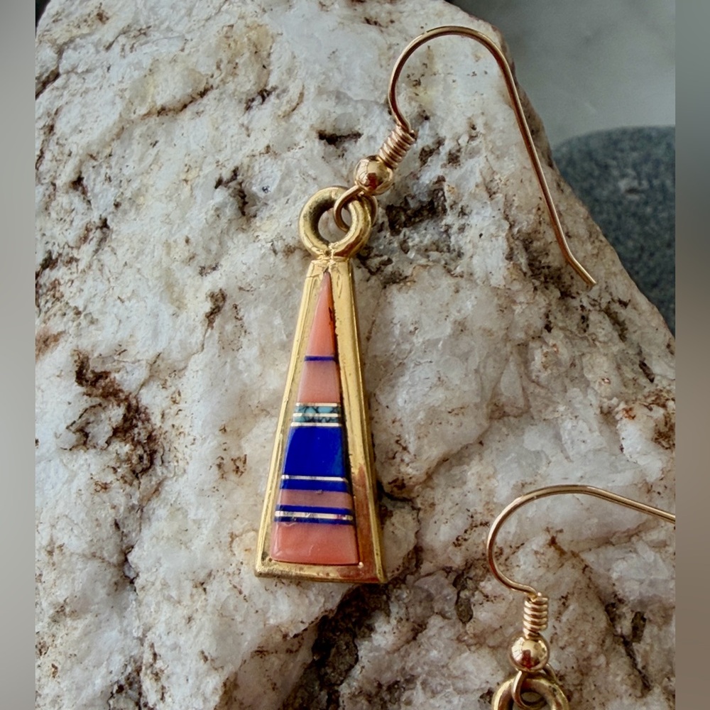 18K GOLD Zuni Native American Vintage Multi-stone Dangle Earrings - Picture 3 of 14